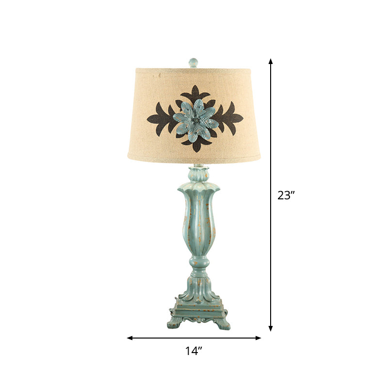 Blue Countryside Flower Patterned Table Lamp With Single-Bulb And Round Fabric Shade