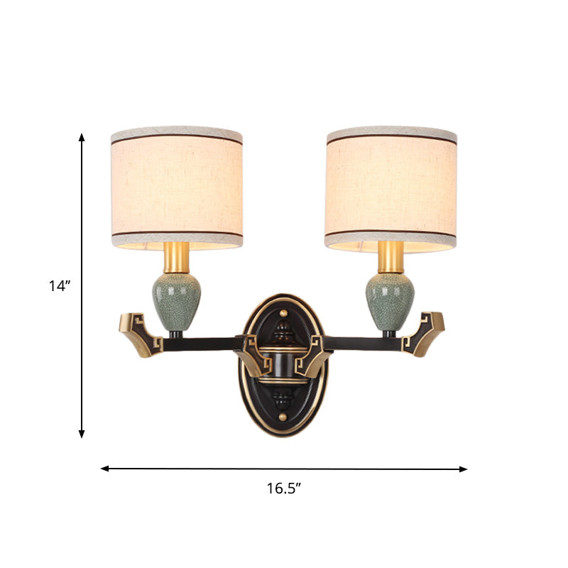 Traditional Drum Fabric Wall Sconce Lighting In Black For Bedroom - Half-Bulb Mount