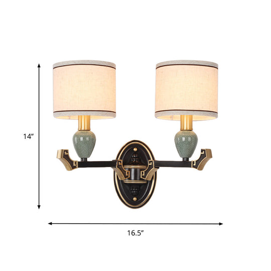 Traditional Drum Fabric Wall Sconce Lighting In Black For Bedroom - Half-Bulb Mount