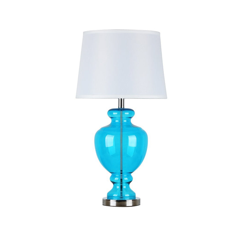Round Shade Table Light With 1-Bulb: Classic Fabric Nightlight Blue Glass Base