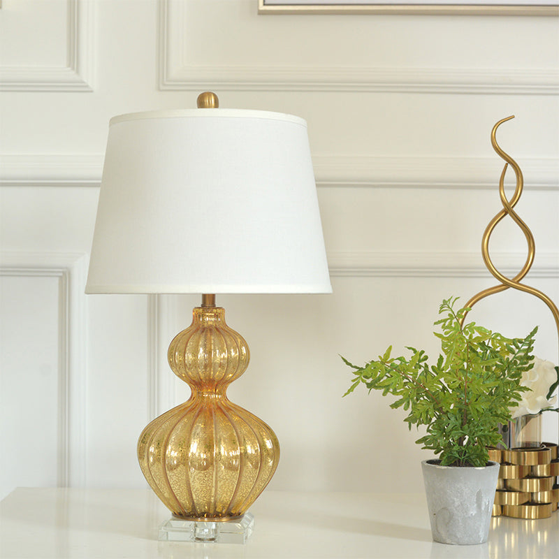 Classic White Tapered Drum Nightstand Lamp With Elegant Gold Gourd Base 1 Light