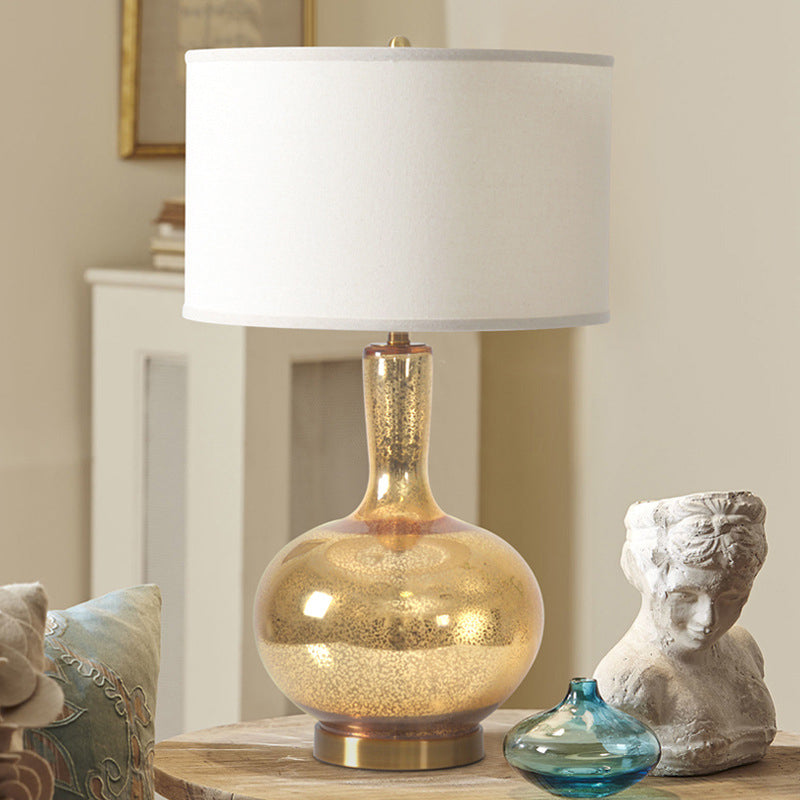 Crackle Glass Night Light - Gold Country Style Cylinder Fabric Shade Bedroom Nightstand Lighting