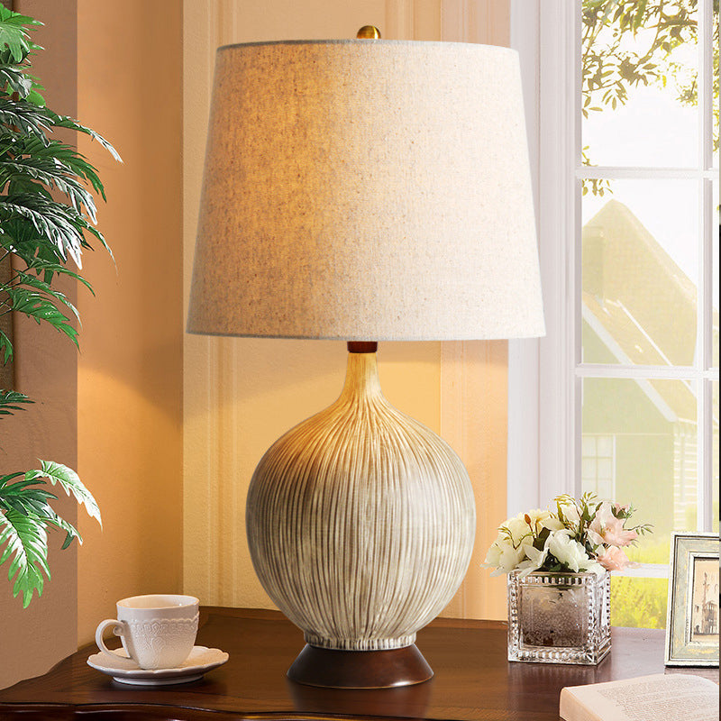 Rural Ceramic Globe Night Lamp With Flaxen Shade - Stylish 1-Head Bedroom Nightstand Light