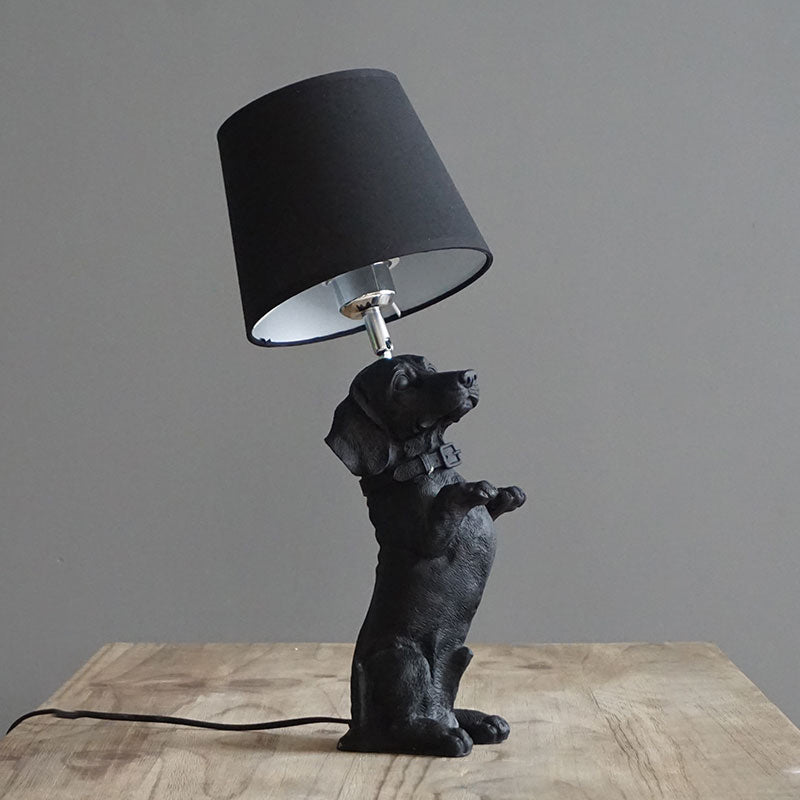 Traditional Black Drum Nightstand Lamp: Fabric Table Light With Resin Dog Base / C