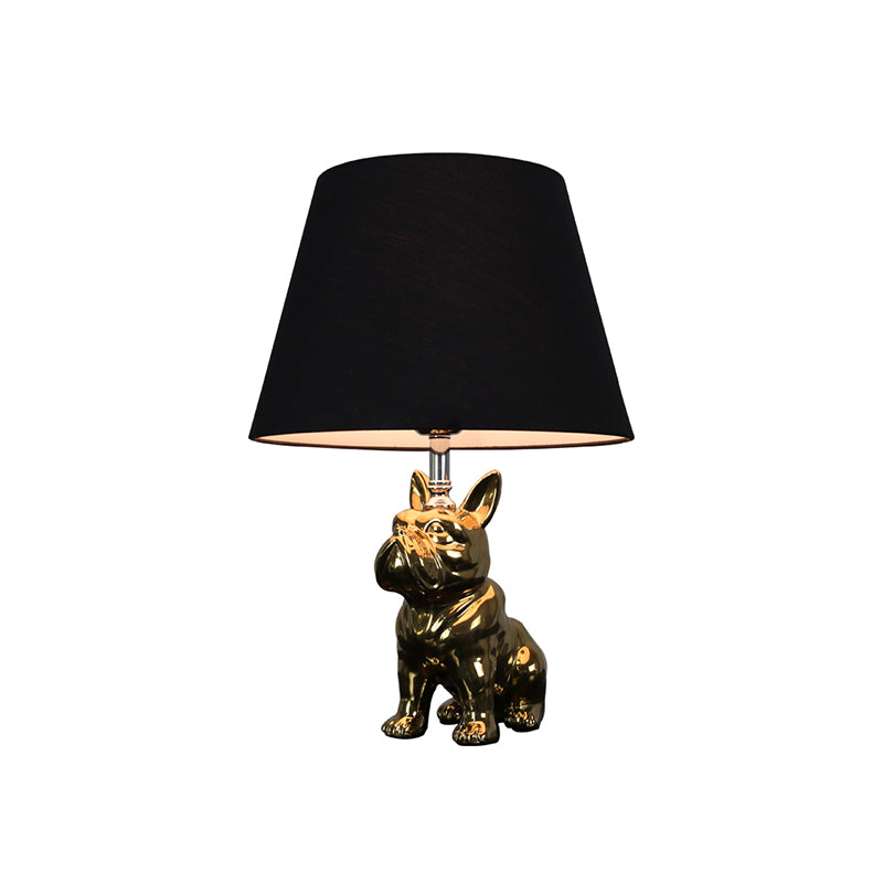 Traditional Resin Dog Nightstand Lamp For Bedroom - Silver/Gold 1 Head Conical Fabric Shade