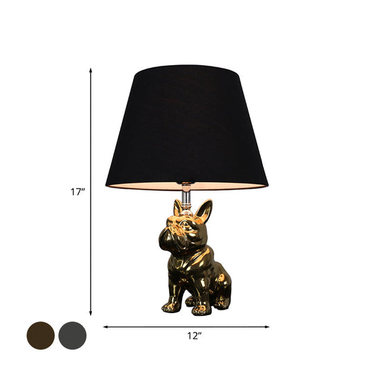 Traditional Resin Dog Nightstand Lamp For Bedroom - Silver/Gold 1 Head Conical Fabric Shade