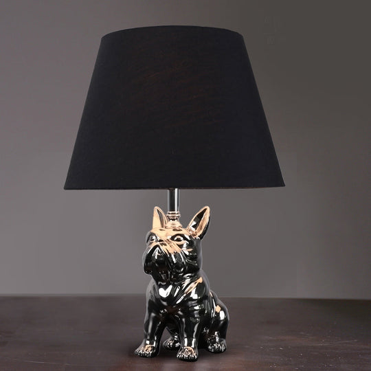 Traditional Resin Dog Nightstand Lamp For Bedroom - Silver/Gold 1 Head Conical Fabric Shade Silver