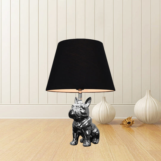 Traditional Resin Dog Nightstand Lamp For Bedroom - Silver/Gold 1 Head Conical Fabric Shade