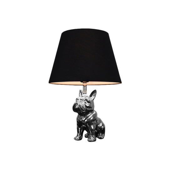 Traditional Resin Dog Nightstand Lamp For Bedroom - Silver/Gold 1 Head Conical Fabric Shade