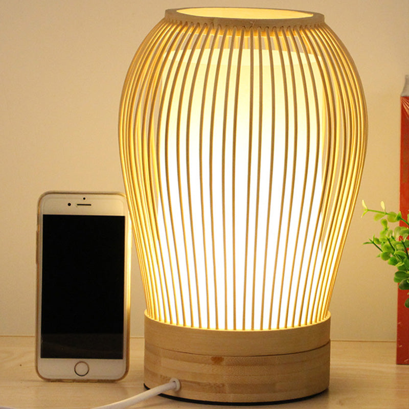 Japanese Small Desk Lamp With Bamboo Shade - White Droplet Task Lighting For Bedside