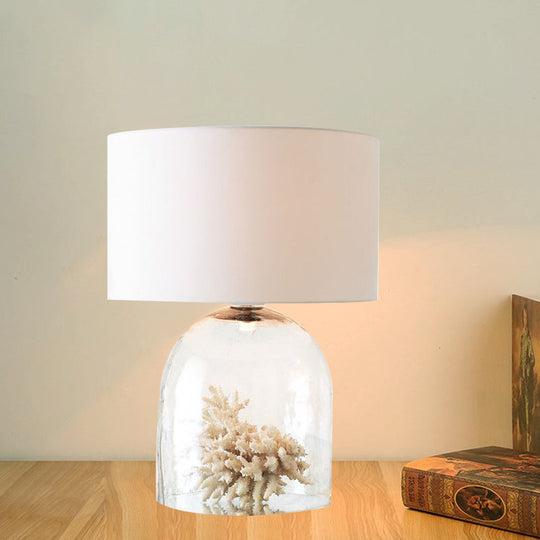 Countryside Clear Glass Bell Bedroom Night Lamp White Fabric Nightstand Light - 1-Light