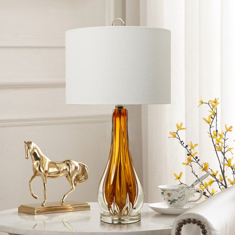 Traditional 1-Light White Fabric Table Lamp With Blue/Gold Vase Base