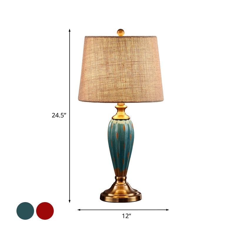 Ceramic Nightstand Lamp: Country Red/Blue Urn Shape With Fabric Drum Shade