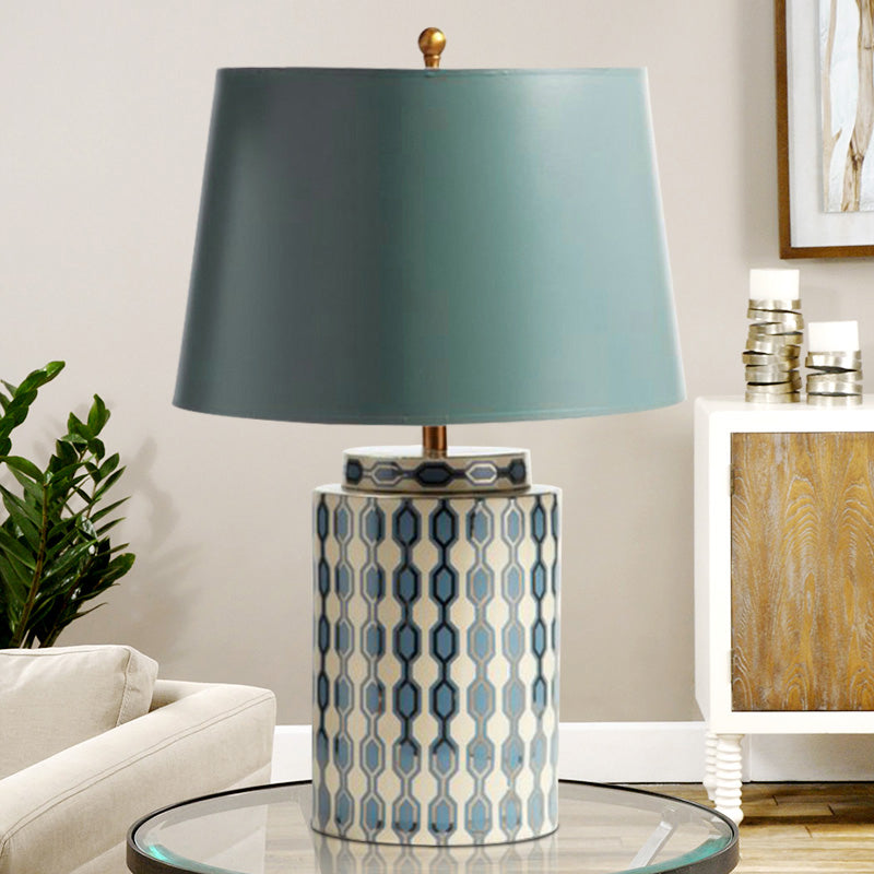 Country Green Fabric Tapered Drum Nightstand Lamp - 1-Bulb Table Lighting