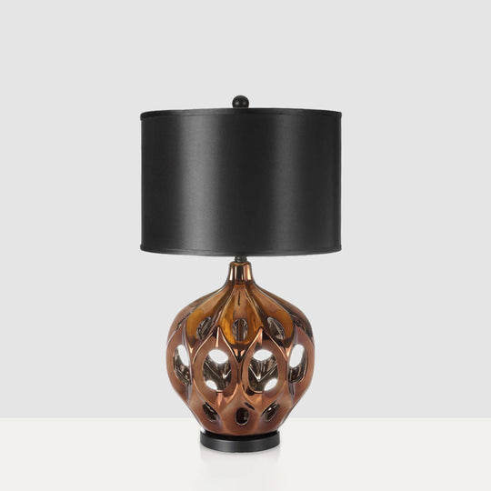 Hollowed Out Ceramic Jar Nightstand Lamp - Retro 1-Bulb Table Lighting In Gold/Rose Gold With Black