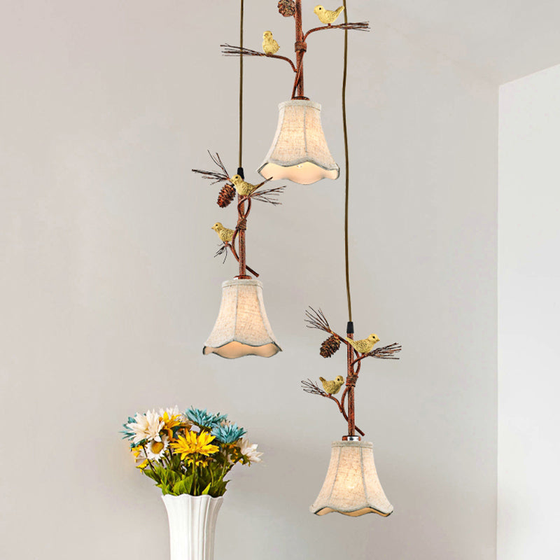 Country Fabric Flaxen Pendant Light With Scallop Design And Nature-Inspired Deco (3/5 Heads)