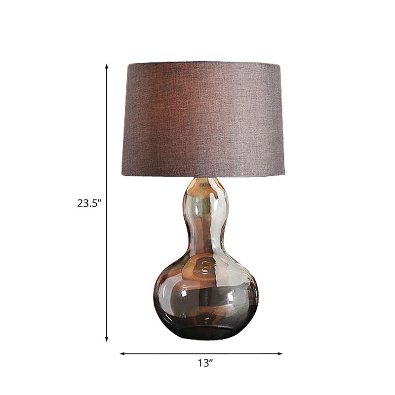 Drum Shade Nightstand Light - Countryside Brown Fabric Lamp With Smoke Glass Gourd Base