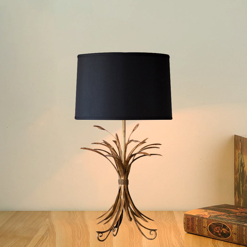 Rustic Fabric Drum Shade Night Table Lamp With Black Finish - Contemporary Bedroom Nightstand Light