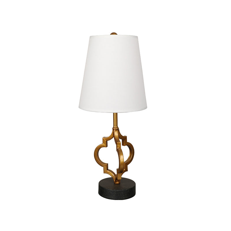 White Retro-Style Tapered Night Table Lamp - Fabric Shade Quatrefoil Base