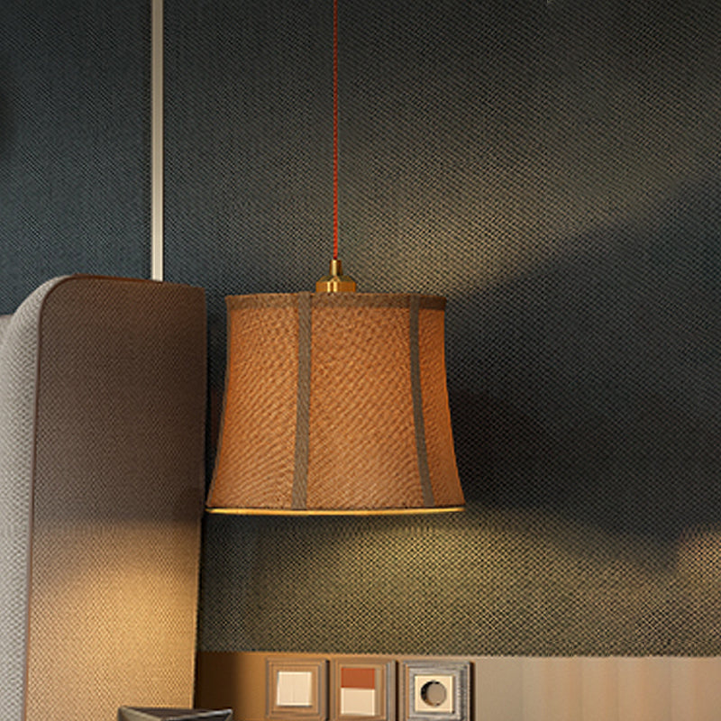 Country Brown Paneled Bell Pendant Light - Bedroom Suspension Lighting With Fabric Shade