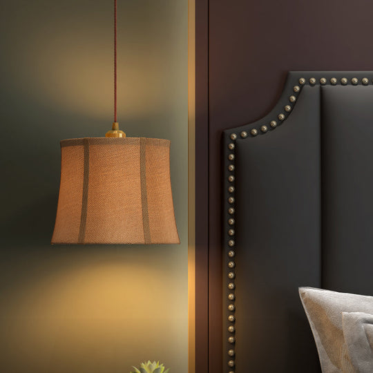 Country Brown Paneled Bell Pendant Light - Bedroom Suspension Lighting With Fabric Shade