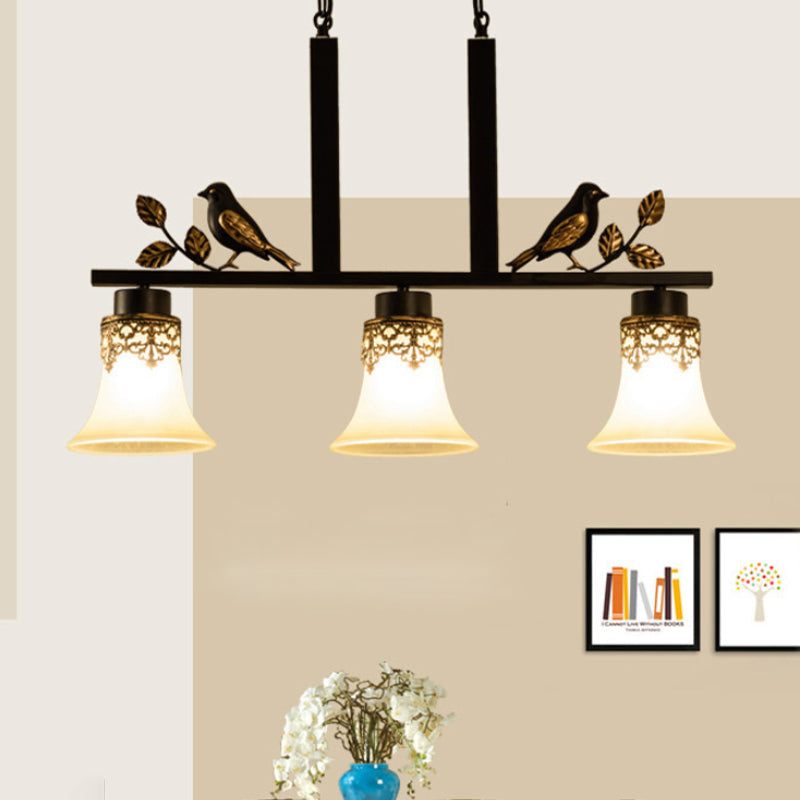 Black Island Pendant With 3 Tan Glass Shades And Bird Deco - Traditional Dining Room Ceiling Light /