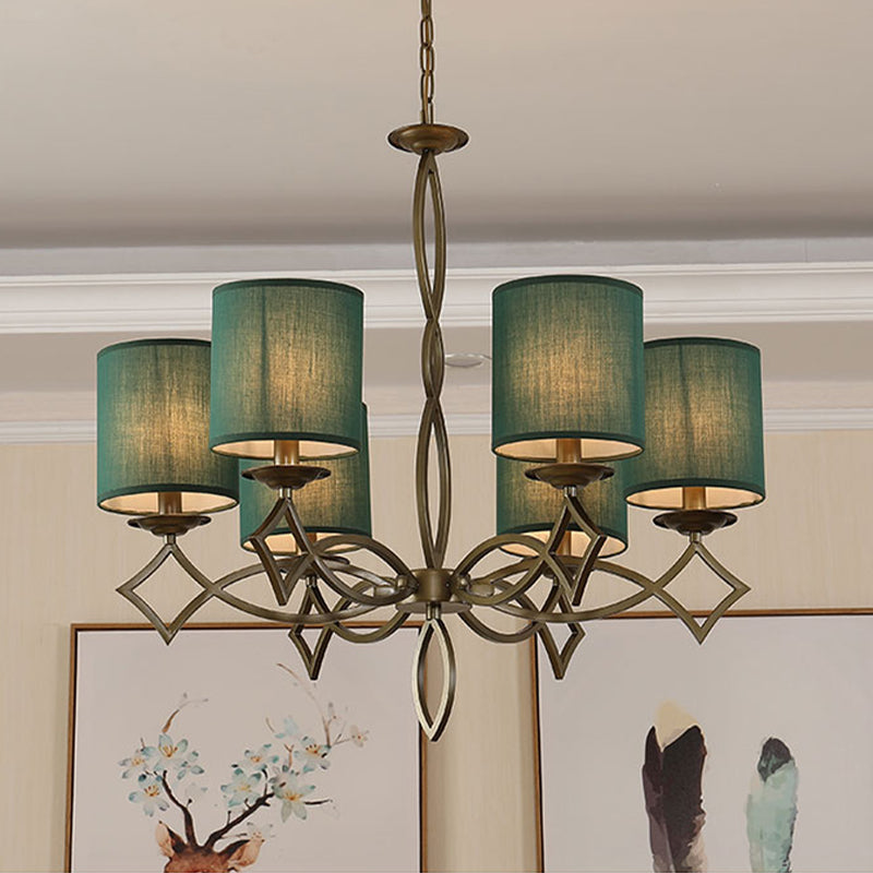 6-Light Chandelier Lamp With Drum Shade And Fabric Pendant In White/Beige/Green - Metal Twisted Arm