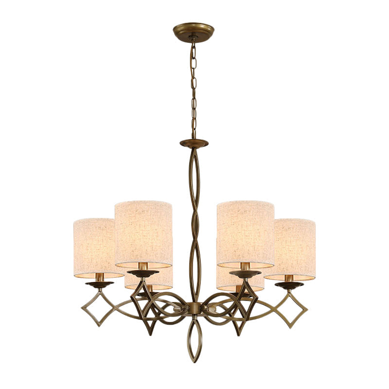 6-Light Chandelier Lamp With Drum Shade And Fabric Pendant In White/Beige/Green - Metal Twisted Arm