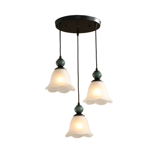 Frosted Ribbed Glass Flared Pendant: Rustic 3-Light Dining Room Hanging Lamp Kit In Black