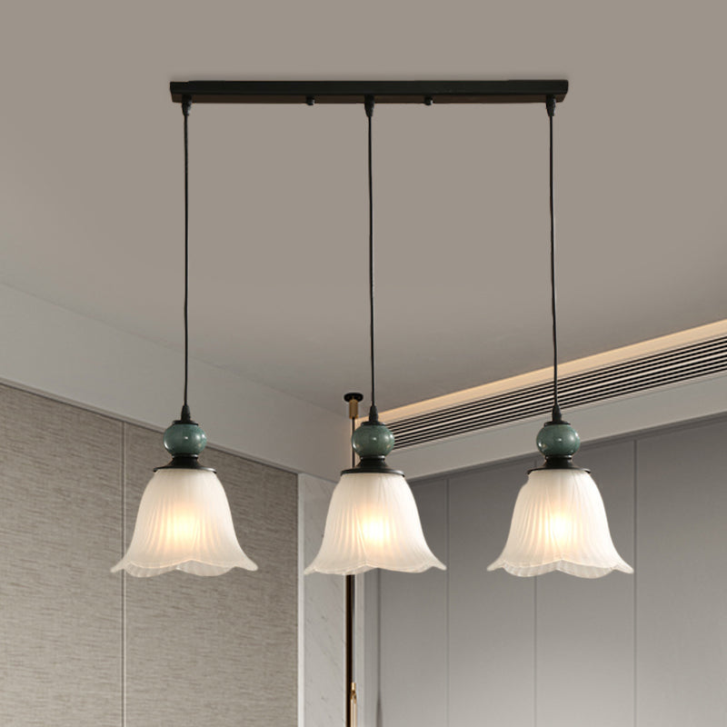 Frosted Ribbed Glass Flared Pendant: Rustic 3-Light Dining Room Hanging Lamp Kit In Black / Linear