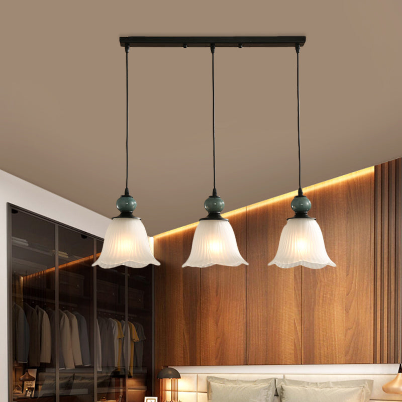 Frosted Ribbed Glass Flared Pendant: Rustic 3-Light Dining Room Hanging Lamp Kit In Black