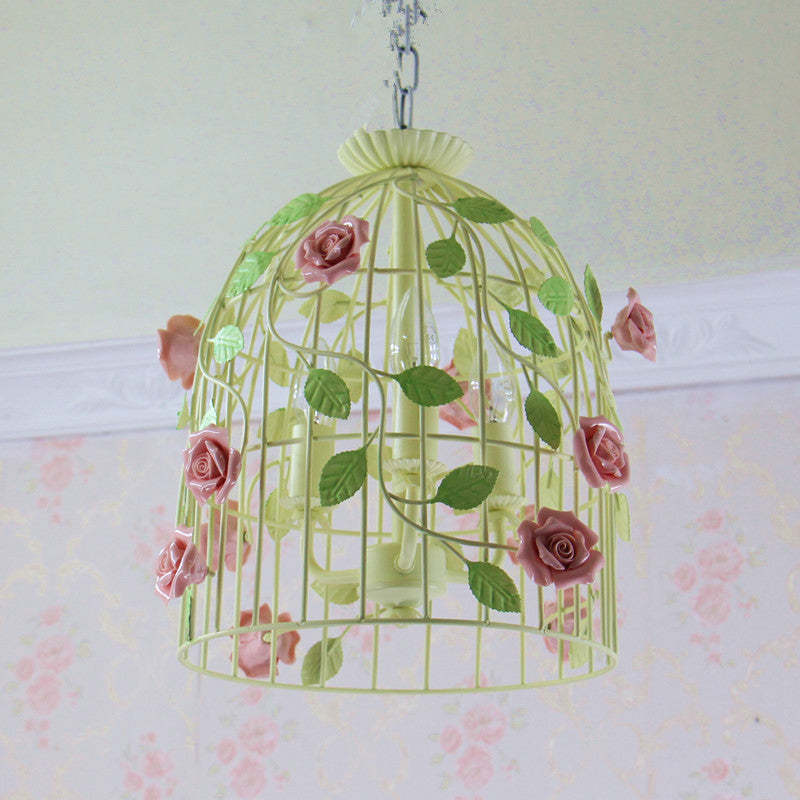 Iron Beige Birdcage Chandelier With Rose Vine And 3-Light Countryside Fixture