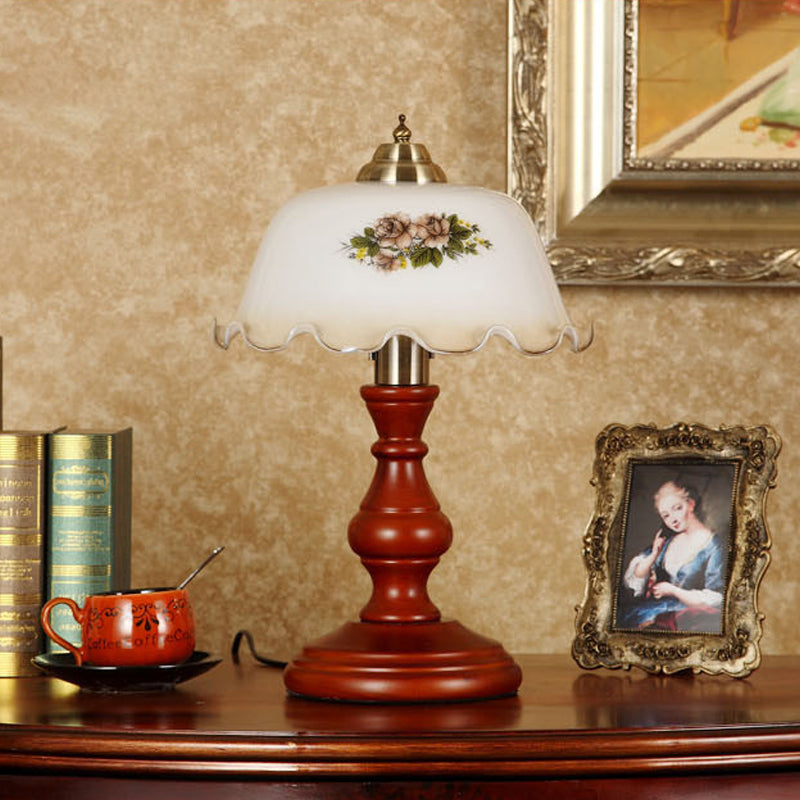 Countryside Wood Baluster Night Light - Red Brown Lounge Table Lamp With Opal Glass Lampshade
