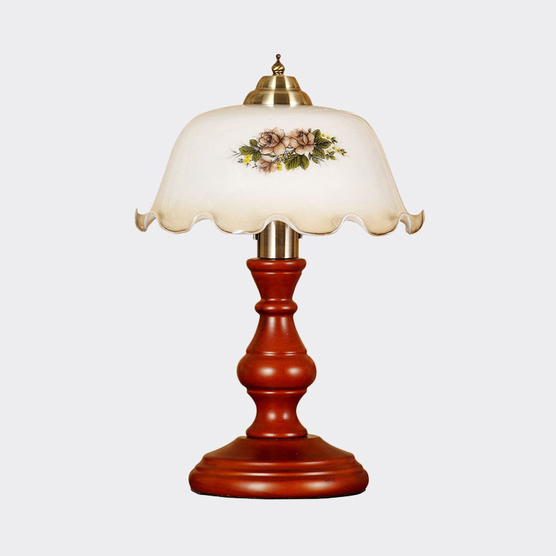 Countryside Wood Baluster Night Light - Red Brown Lounge Table Lamp With Opal Glass Lampshade