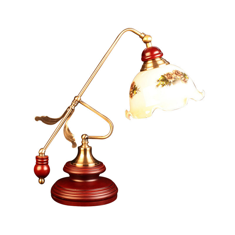 Retro Ruffled Bowl Table Light With White Glass Night Lamp And Gold-Red Brown Lever Arm