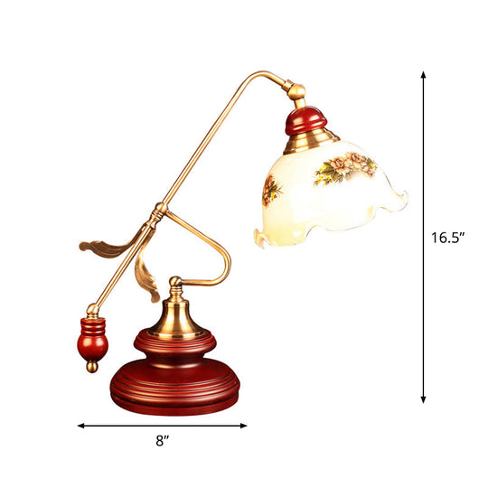 Retro Ruffled Bowl Table Light With White Glass Night Lamp And Gold-Red Brown Lever Arm