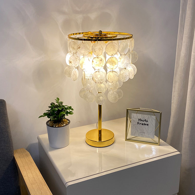 Modern Shell Table Lamp - White Nightstand Light With Gold Rod Arm