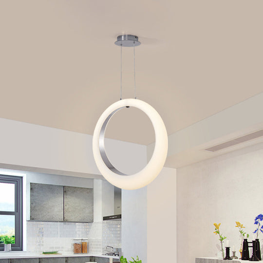 Sleek Acrylic Hoop Pendant Light with LED, White and Silver, for Ceiling or Hanging