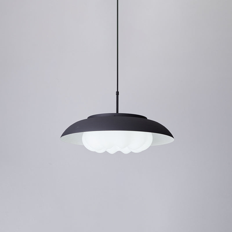 Macaron Wide Bowl Pendant Light - Black/Blue Iron Suspension Lamp with Inner Round Shade for Dining Table