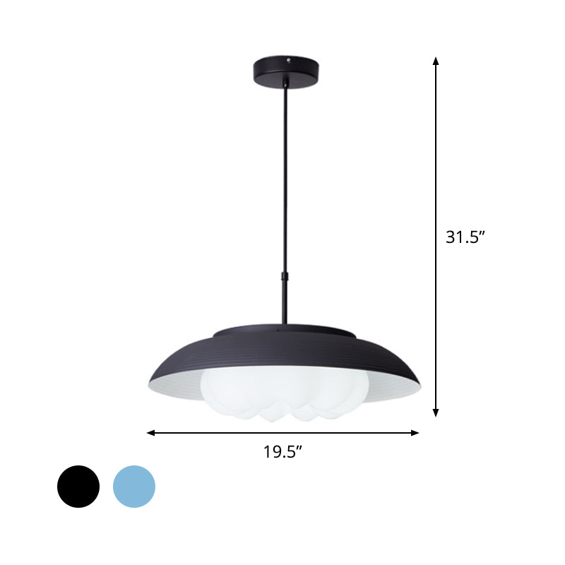 Black/Blue Macaron Wide Bowl Pendant Light With Inner Round Shade - Iron Dining Table Suspension