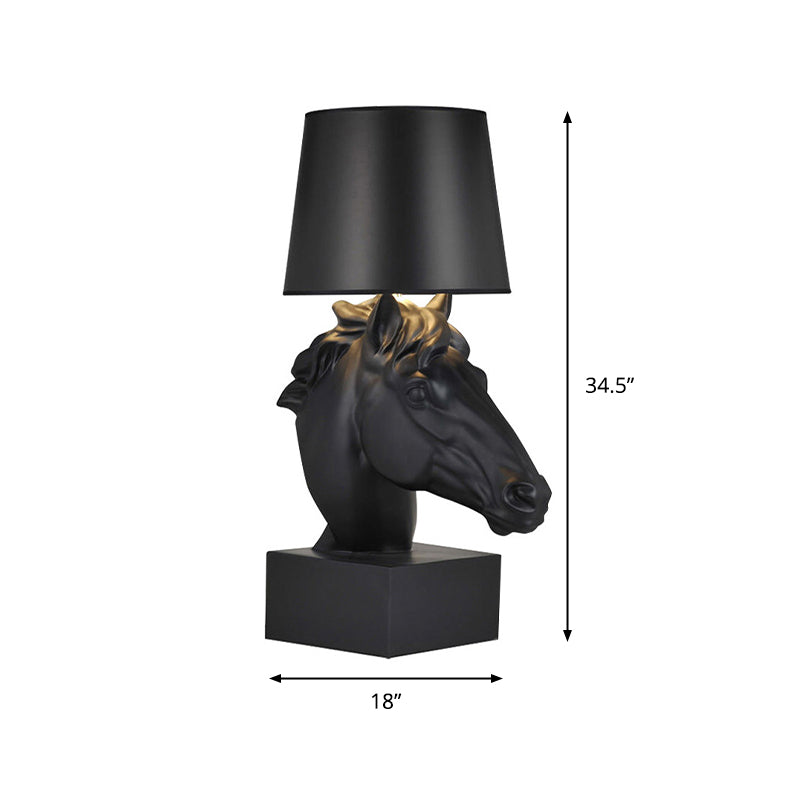 Country Style Black Fabric Table Lamp With Steed Head Base - Tapering Parlor Night Light