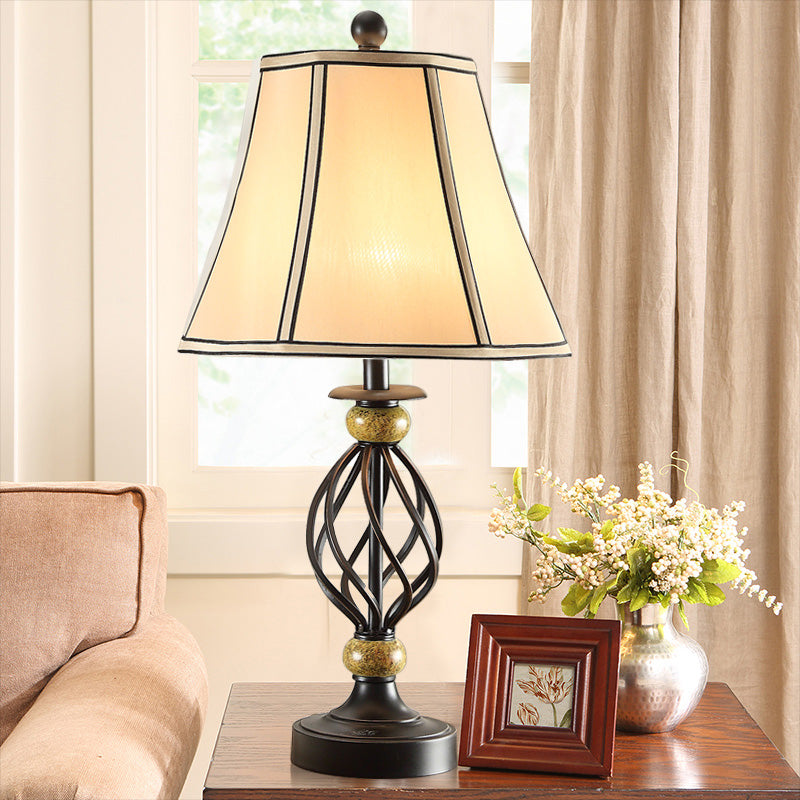 Cozy Countryside Flare Fabric Table Lamp With Swirled Black Cage Base - Perfect Night Light For