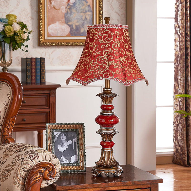 Retro Flared Table Light - Swirl Patterned Fabric Night Lamp In Red