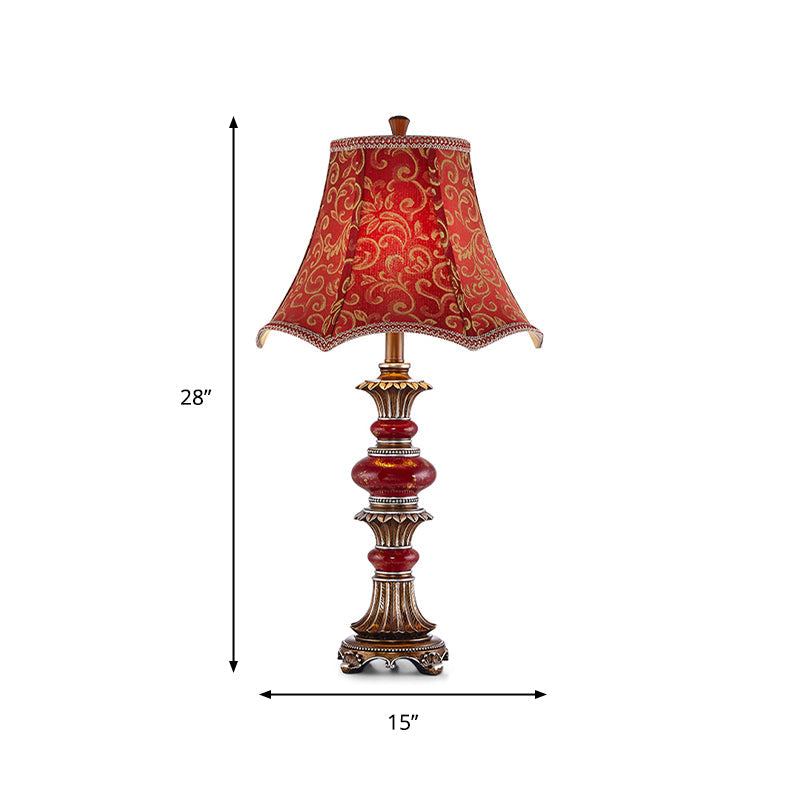 Retro Flared Table Light - Swirl Patterned Fabric Night Lamp In Red