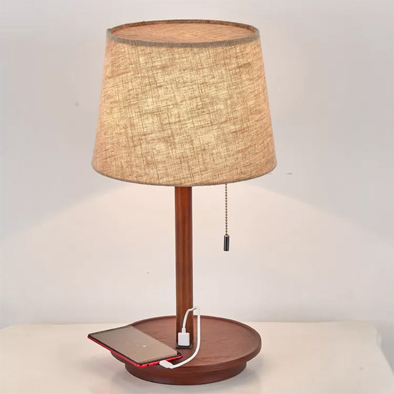 Flaxen Fabric Table Lamp With Usb Charging Port - 1-Light Bucket Pull Chain Night Light