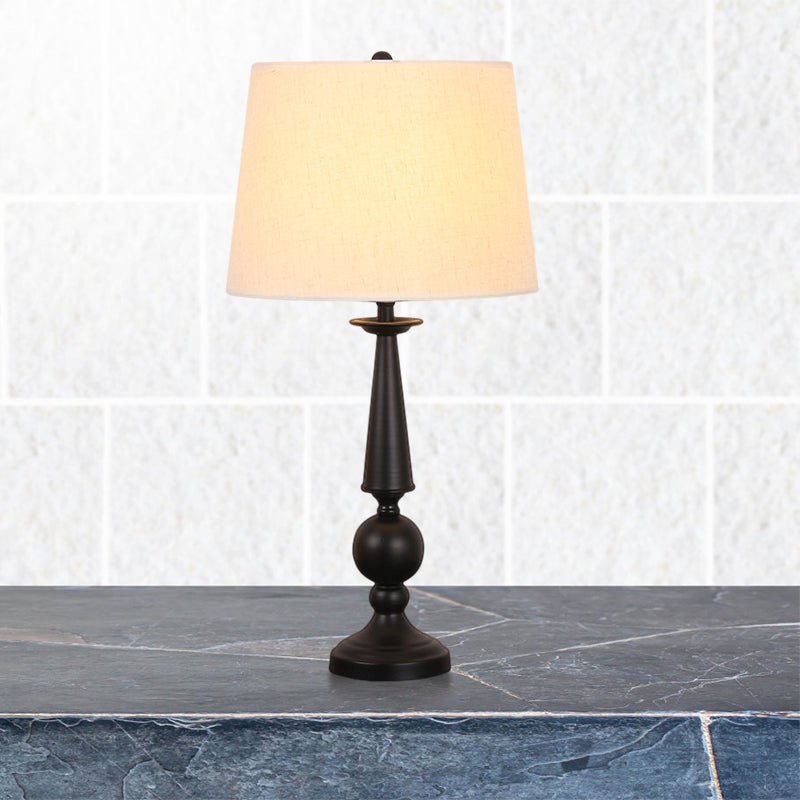 Rustic White Fabric Night Lamp With Tapered Drum Shade And Column Pedestal - 1 Bulb Table Lighting