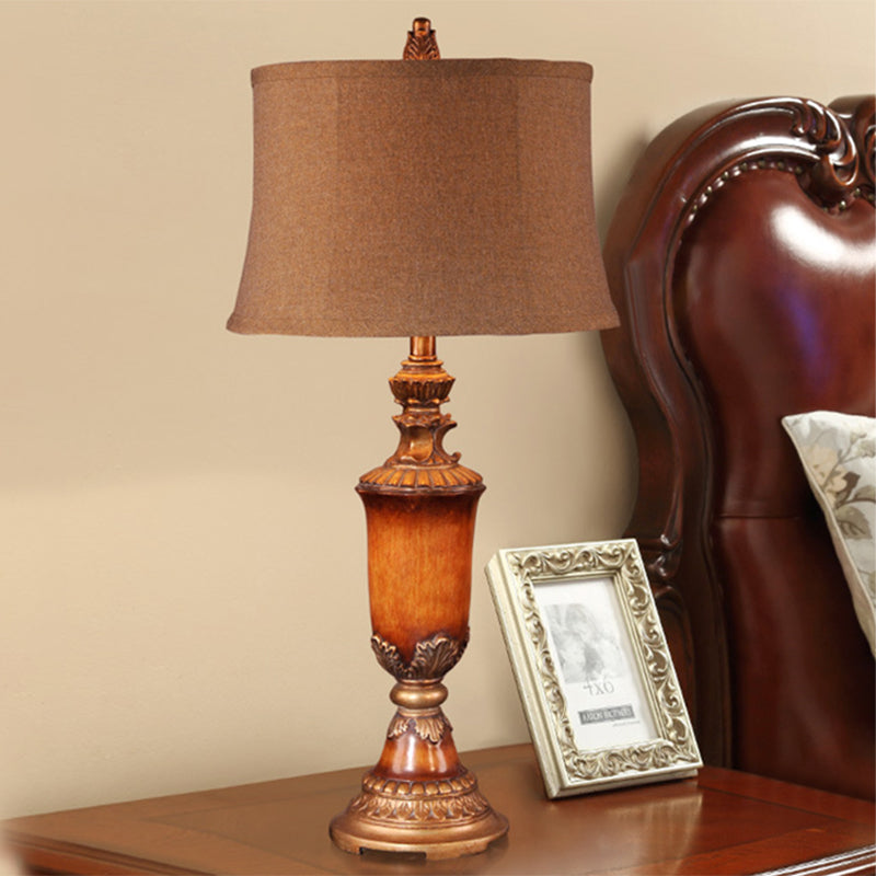 Rustic Fabric Table Lamp With Curved Lampshade - 1-Light Flaxen Nightstand Light
