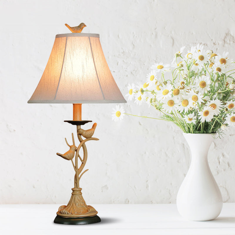 Country Khaki Table Lamp With Flared Fabric Shade - Charming Twig And Bird Accents