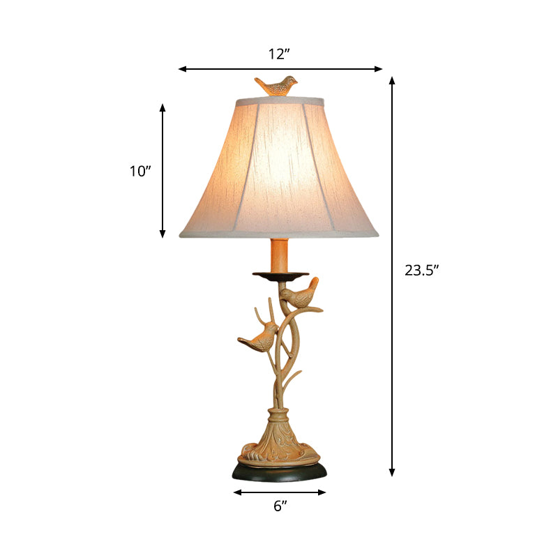 Country Khaki Table Lamp With Flared Fabric Shade - Charming Twig And Bird Accents