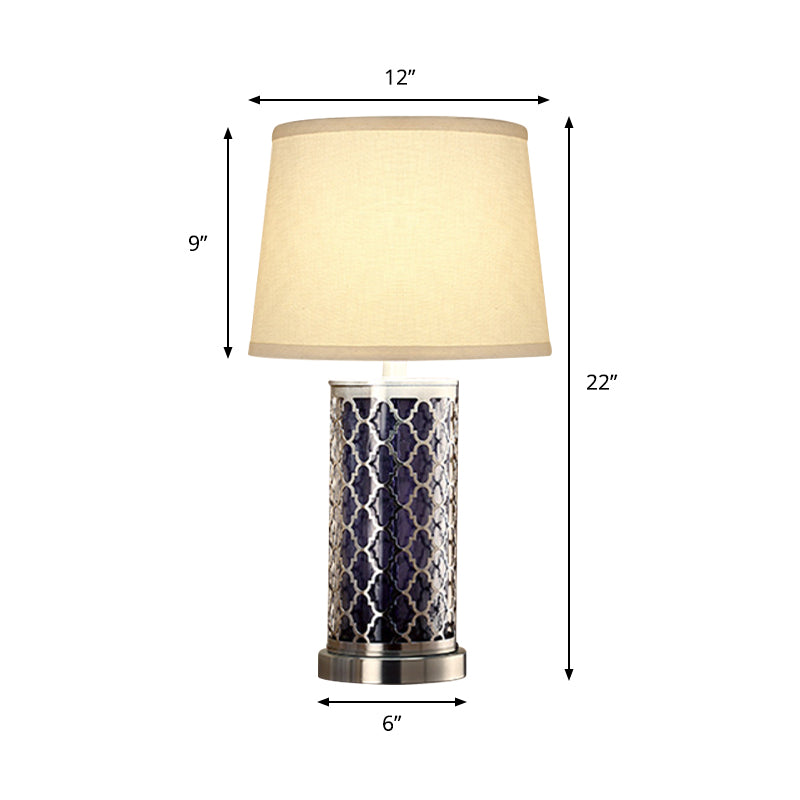 Nickel Finish Metal Table Lamp - Quatrefoil Cage Design 1-Light Nightstand Light With Fabric